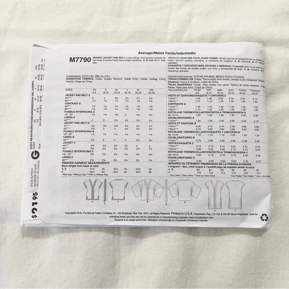 McCall’s M7790 Kimono Pattern L-XXL Uncut Factory Folded